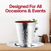 Elegant shiny metallic silver plastic Kiddush cup and saucer set with an aluminum-style finish, 5 oz capacity, 120 sets