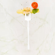 Elegant shiny white Moderno plastic dinner forks, 8.4 inches, perfect for weddings, banquets, and fine dining, pack of 240