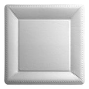 Elegant silver disposable charger plates featuring square edges and a beaded design