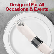 Elegant silver plastic cutlery set with white napkins, adding a refined touch to table settings
