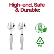 Elegant silver plastic serving forks, adding a refined touch to any buffet or dining setup