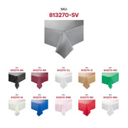 Elegant silver rectangular plastic tablecloth with a clean sheen, 54 x 108 inches, designed for sophisticated event styling.