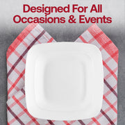 Elegant solid white flat rounded square buffet plates, 8.5-inch diameter, made from disposable plastic.
