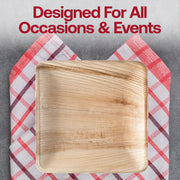 Elegant square buffet plates made from natural palm leaf, 9-inch size, disposable and perfect for eco-friendly dining