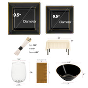 Elegant square edge plates and napkin rolls in the Resolutions Set used for a formal dinner.