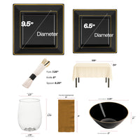 Elegant square edge plates and napkin rolls in the Resolutions Set used for a formal dinner.