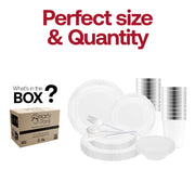 Elegant table setup styled with the Clear with Silver Vintage Disposable Plastic Tableware Set’s polished and airy design