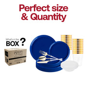 Elegant table setup using the Solid Blue Flat Round Disposable Plastic Tableware Set with gold-accented utensils and bold hues