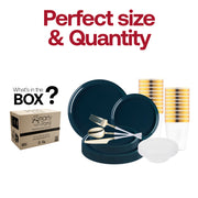 Elegant tablescape featuring the Navy Flat Round Disposable Plastic Tableware Set with its sleek finish and deep navy tones