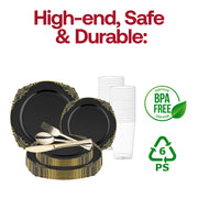 Elegant tablescape with Black with Gold Fancy Round Dinnerware, perfect for weddings, banquets, and formal entertaining