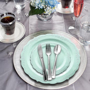 Elegant turquoise disposable salad plates with a vintage-inspired design, round plastic style, 7.5-inch size