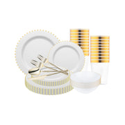 Elegant view of White with Gold Pearl String Round Disposable Tableware Set arranged for upscale gatherings.