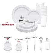 Elegant wedding décor featuring the White Vintage Round Disposable Plastic Wedding Value Set, ideal for upscale gatherings with a refined touch
