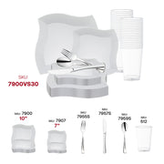 Elegant wedding table styled with the White Wave Plastic Wedding Value Set for modern, upscale, and polished events.
