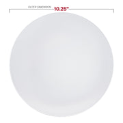 Elegant white 10.25-inch round dinner plates with a silver rim, organic style, disposable and crafted from sturdy plastic, pack of 120