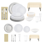Elegant white and silver disposable dinnerware set for weddings and upscale gatherings.