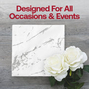Elegant white cocktail napkins with silver marble design, perfect for elevating drink presentations, 600-count