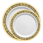 Elegant white dinnerware featuring a royal black and gold rim, perfect for upscale events