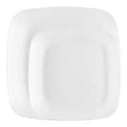 Elegant white disposable dinnerware value pack featuring flat rounded square plates, perfect for weddings, parties, and receptions