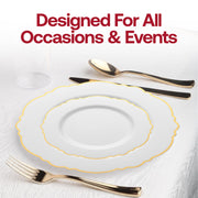 Elegant white disposable plates with gold rim and blossom design, 7.5-inch size, ideal for weddings, parties, and formal dining