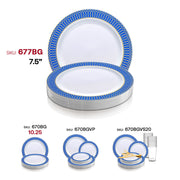 Elegant white disposable salad plates with a gold spiral design on a blue rim, 7.5-inch round shape