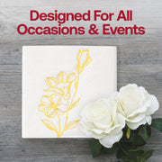Elegant white paper cocktail napkins with a classic gold antique floral design, ideal for elevating drink service at any event