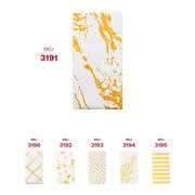 Elegant white paper dinner napkins with gold marble design; SKU 3191; comes in a bulk case of 600 disposable napkins