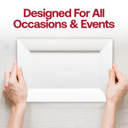 Elegant white plastic dessert plates, 5.5 x 8.5-inch rectangular shape, disposable, in a bulk 120-count pack