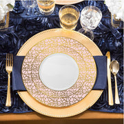 Elegant white plastic dinner plate featuring a decorative pink and gold mosaic-patterned rim, 10.25 inches, 120-pack