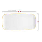 Elegant white plastic plates featuring a decorative gold rim, rectangular shape, and smooth raised edges, 10.6x5 inches, 120-pack