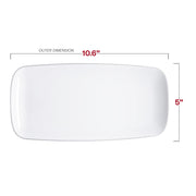 Elegant white plastic plates featuring a decorative silver rim, smooth flat rectangular design, and raised edges, 10.6x5 inches, pack of 120