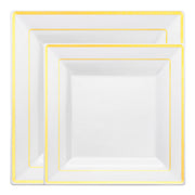Elegant white plates featuring gold square edge accents, perfect for enhancing any occasion