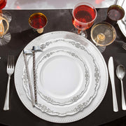 Elegant white round appetizer plates with a decorative silver vintage rim, made from sturdy plastic, disposable and lightweight, pack of 120