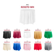 Elegant white round disposable plastic tablecloth featuring a sleek design and 84-inch coverage, perfect for weddings and formal events.
