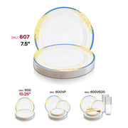 Elegant white salad plates featuring a blue and gold harmony rim, 7.5 inches in diameter