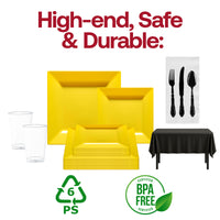 Elevate the party mood with Elegant Black & Yellow Dinnerware Set’s bold and sleek look