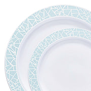 Elevate your dining experience with this elegant White with Turquoise Blue and Silver Mosaic Rim Round Plastic Dinnerware Set, featuring a sophisticated design