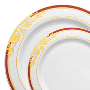 Elevate your dining experience with this elegant white dinnerware set, featuring burgundy and gold harmony rim accents