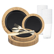 Elevate your event with the Black with Gold Marble Rim Disposable Plastic Wedding Value Set, featuring a bold black base and elegant gold marble accents for a high-end table presentation