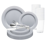 Elevate your event with the Matte Steel Gray Round Disposable Plastic Wedding Value Set, featuring a modern matte finish and elegant silver cutlery for a sleek, sophisticated table setting