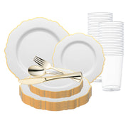 Elevate your event with the White with Gold Rim Round Blossom Disposable Plastic Wedding Value Set, featuring a timeless white design with luxurious gold accents for an elegant touch