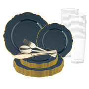 Elevate your special occasion with the Navy with Gold Rim Round Blossom Disposable Plastic Wedding Value Set, featuring deep navy and luxurious gold accents for an elegant touch