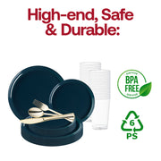 Elevate your wedding or special event with the Navy Flat Round Disposable Plastic Wedding Value Set, perfect for adding a refined touch to your tablescape