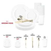 Elevate your wedding or special occasion with the Matte Milk White Round Disposable Plastic Wedding Value Set with gold silverware, designed for sophistication and style.