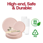 Elevate your wedding table setting with the Pink Flat Round Disposable Plastic Wedding Value Set, designed to bring elegance and charm to your big day