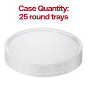 Empty 14" clear serving trays stacked for catering prep—lightweight and shatter-resistant.