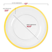 Enhance formal place settings with disposable 13" gold-rimmed charger plates made of sturdy plastic.