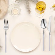 Enhance the dining experience with a premium look and feel—Silver with White Handle Moderno Disposable Plastic Cutlery Set, including 20 spoons, 20 forks, and 20 knives.