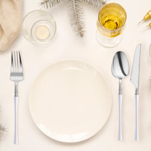Enhance the dining experience with a premium look and feel—Silver with White Handle Moderno Disposable Plastic Cutlery Set, including 20 spoons, 20 forks, and 20 knives.