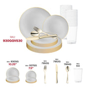 Enhance the elegance of your celebration with the Gray with Gold Organic Round Disposable Plastic Wedding Value Set, perfect for upscale events and formal dinners.
